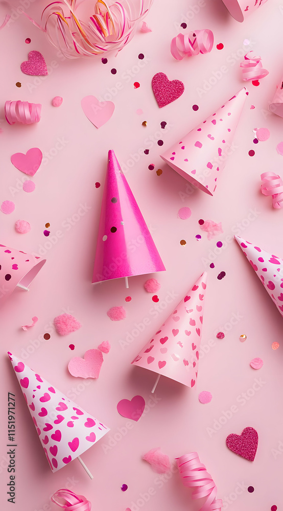 A festive arrangement of pink party hats and heart-shaped decorations on a pink background. A festive arrangement of pink party hats and heart-shaped decorations on a pink background.