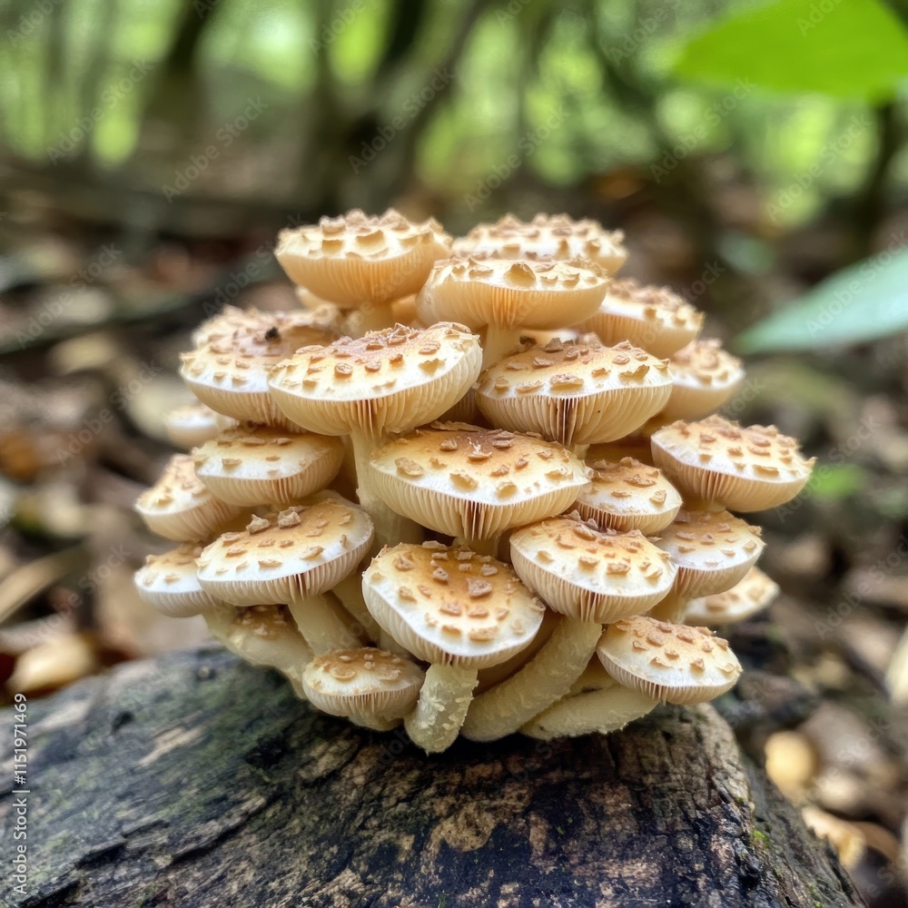 A cluster of mushrooms grows on a log in a forest, showcasing their intricate gills and textures. A cluster of mushrooms grows on a log in a forest, showcasing their intricate gills and textures.