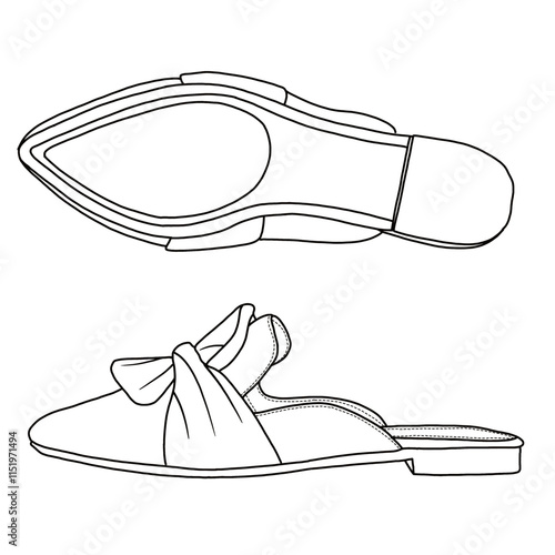 Women's Mules Comfortable Pointed Toe Mules Flats Backless Loafers with Knot shoes Line art, Technical sketch hand drawing outline vector doodle top and side view isolated on white background