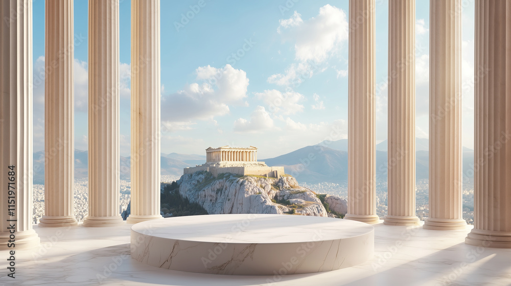 empty round cylinder pedestal display or podium platform with Acropolis city in Athens background empty round cylinder pedestal display or podium platform with Acropolis city in Athens background