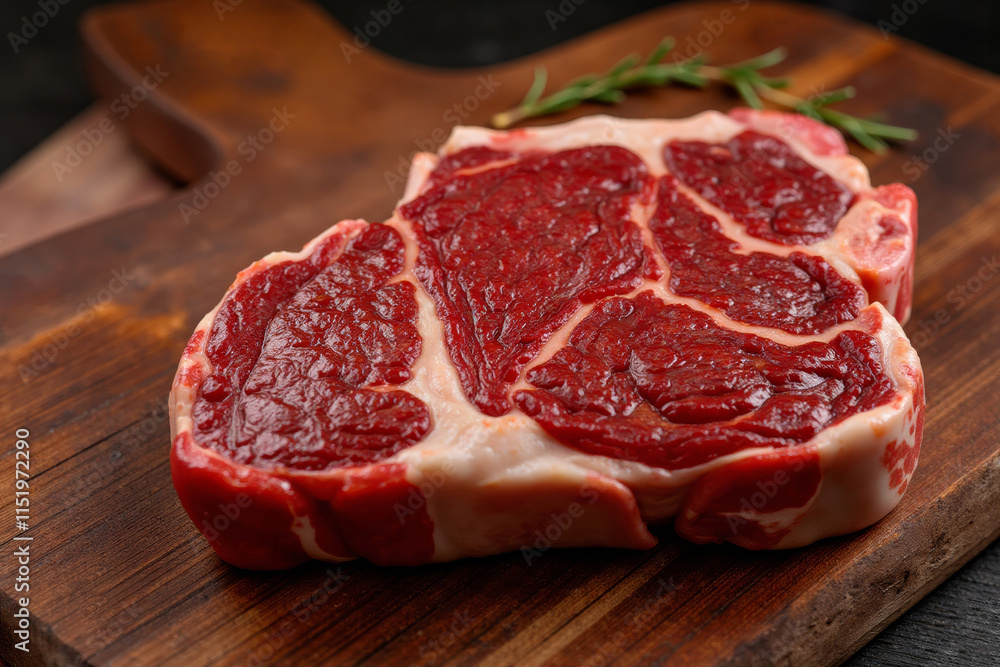 Raw ribeye steak with marbling on wooden cutting board garnished with fresh herbs copy space