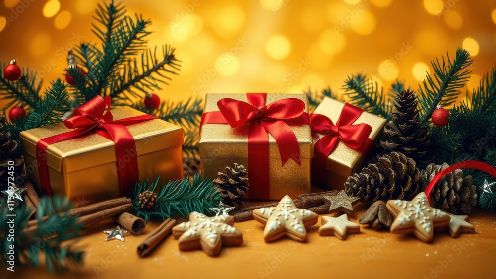 Christmas gifts with red ribbons and pine branches, decorated with cinnamon sticks and gingerbread stars on a golden background. Christmas gifts with red ribbons and pine branches, decorated with cinnamon sticks and gingerbread stars on a golden background.