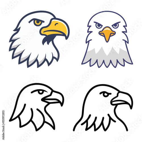 Collection of vector icons featuring bald eagle heads in colorful and outline styles, showcasing their fierce expressions and detailed features, ideal for wildlife, nature, and patriotic designs.  
 photo