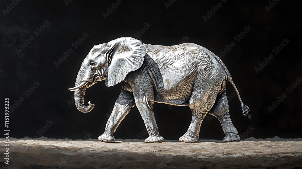 Fototapeta premium 16. Side profile of a silver elephant walking gracefully along a dry riverbed