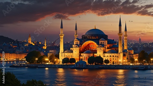 Sunset over Istanbul s Illuminated Mosque photo