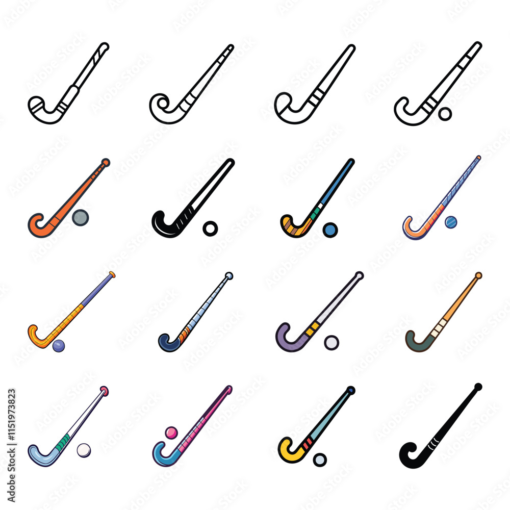 Collection of field hockey stick and ball vector icons in various black, outline, and colorful designs, perfect for sports, recreation, and team game-themed projects.
Collection of field hockey stick and ball vector icons in various black, outline, and colorful designs, perfect for sports, recreation, and team game-themed projects.