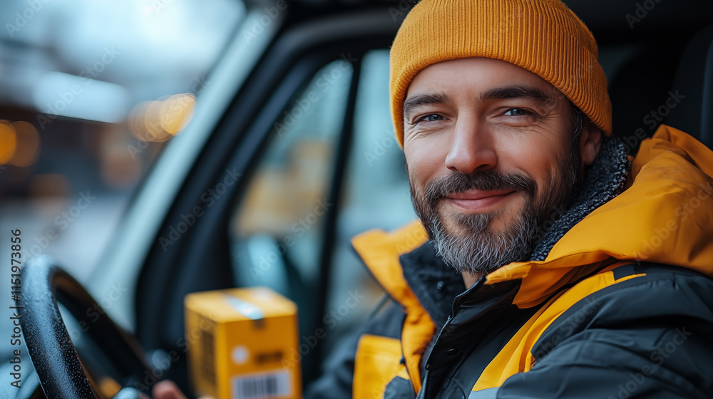 Portrait of a handsome bearded man in a yellow jacket and a yellow hat driving a car Portrait of a handsome bearded man in a yellow jacket and a yellow hat driving a car