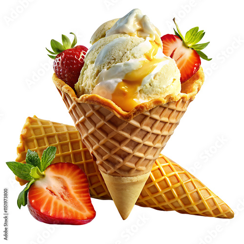 Yellow Ice Cream Cone Summer Treat Illustration on a Transparent Background 