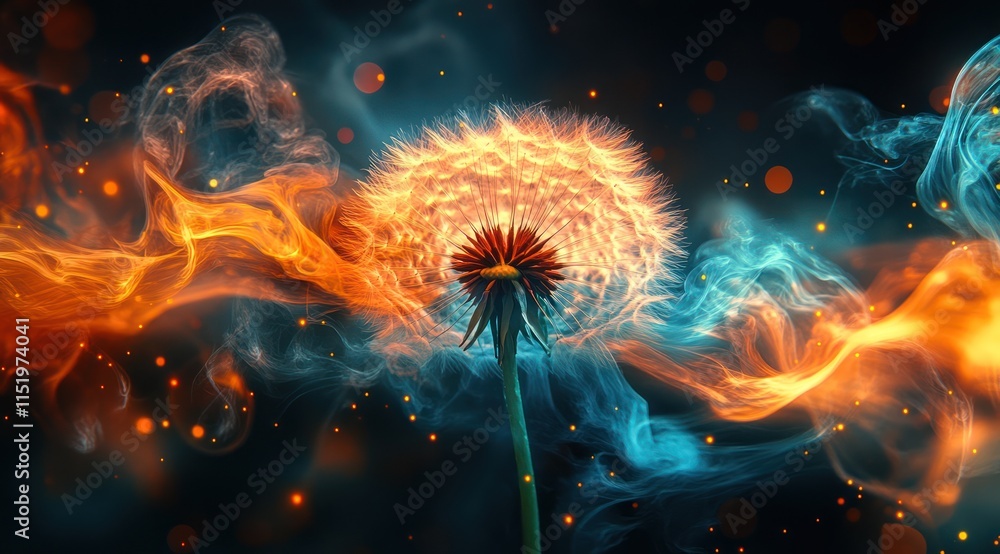 Fiery and icy smoke swirls around a glowing dandelion. Fiery and icy smoke swirls around a glowing dandelion.