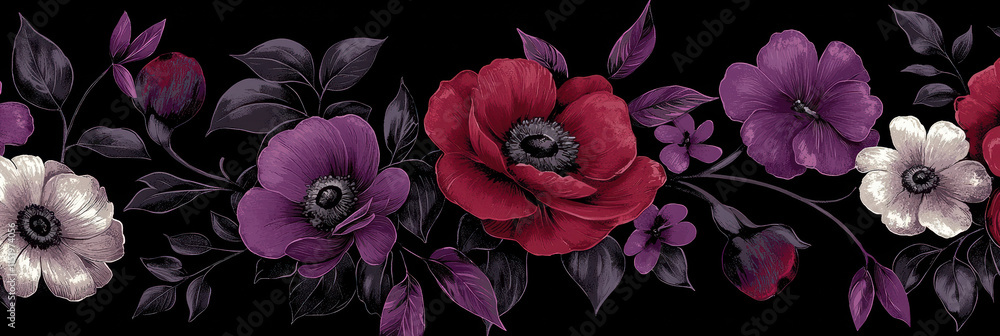 Bold dark florals with dramatic contrasts create striking design Bold dark florals with dramatic contrasts create striking design