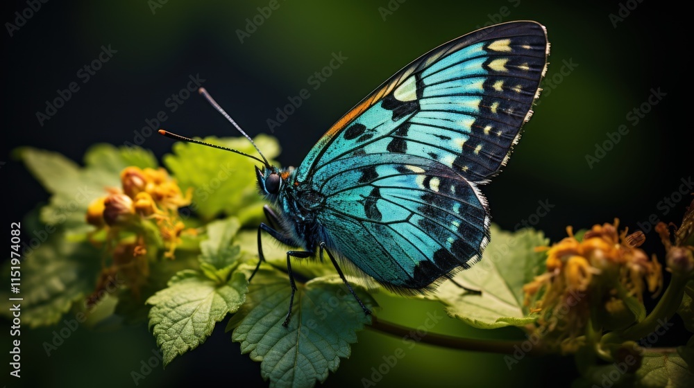 Vibrant Blue Butterfly on Lush Green Foliage Vibrant Blue Butterfly on Lush Green Foliage