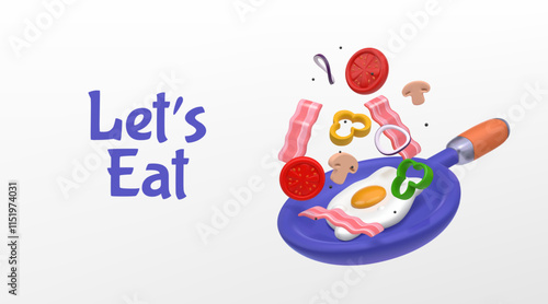 Breakfast icon. Let s eat. 3D cook. Omelet on pan. Diet dish cookware. Kitchen saucepan. Restaurant cooking. Preparing nutrition for brunch. Eggs with bacon and vegetables. Vector concept