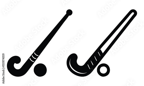 Black vector icons of field hockey sticks and balls, featuring minimalistic designs, ideal for sports, athletics, and recreational activity themes.  
