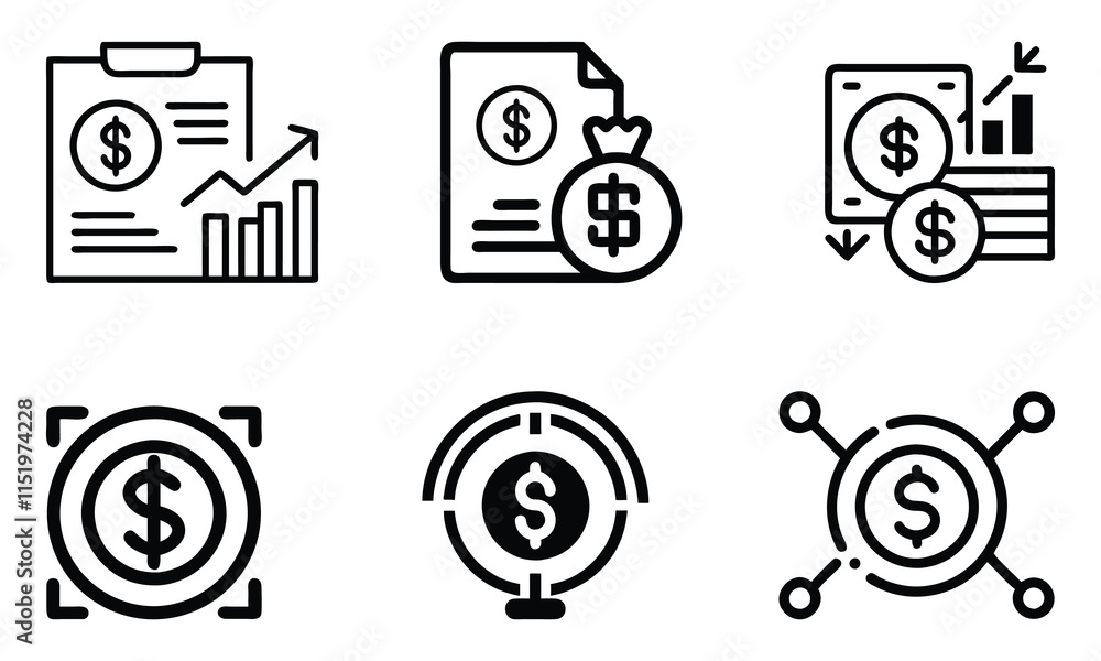 Set of black outline vector icons featuring financial symbols, including money, graphs, global currency, and reports, ideal for business, investment, and economic themes. Set of black outline vector icons featuring financial symbols, including money, graphs, global currency, and reports, ideal for business, investment, and economic themes.