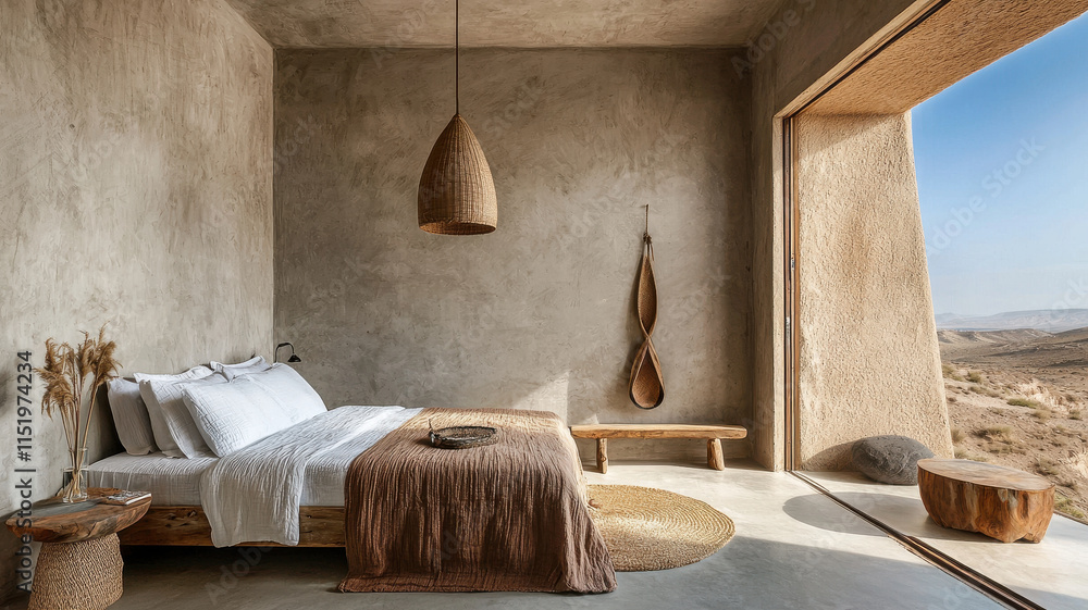 Serene bedroom with rustic wooden furniture and natural textiles, inviting calmness Serene bedroom with rustic wooden furniture and natural textiles, inviting calmness