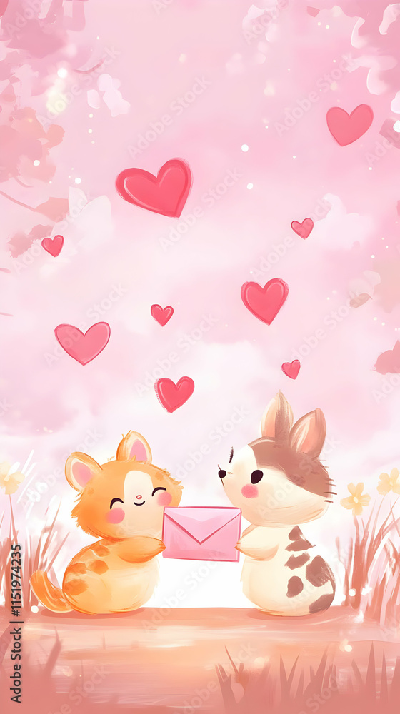 Two cute animals exchanging a letter surrounded by hearts in a pastel background.