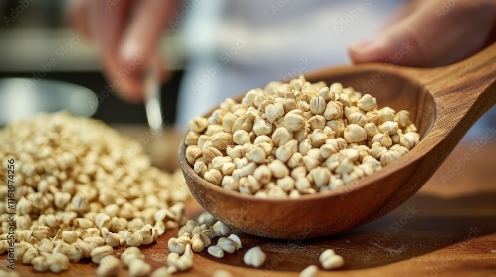 Close-up of wholesome grains in a wooden spoon. A healthy food ingredient for cooking. Close-up of wholesome grains in a wooden spoon. A healthy food ingredient for cooking.