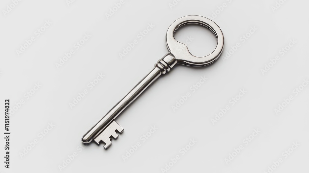 A silver key with a circular handle and ornate end, resting on a white background. A silver key with a circular handle and ornate end, resting on a white background.