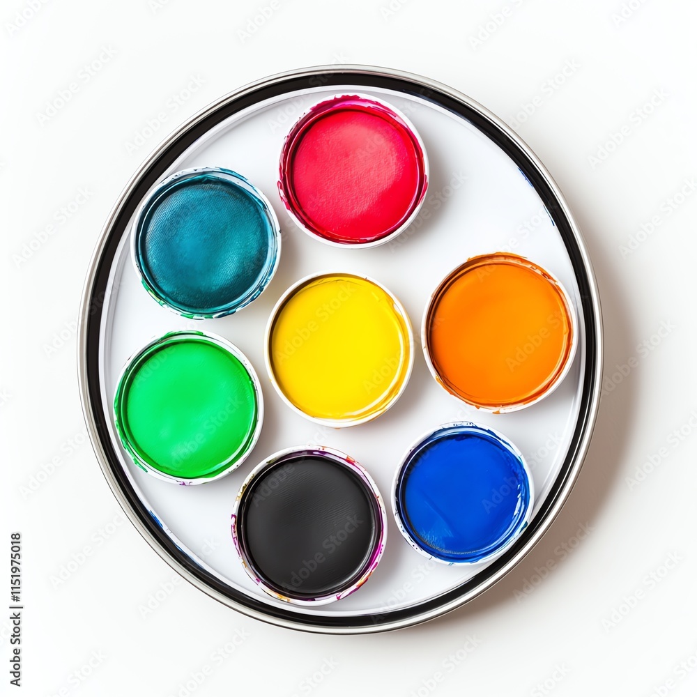 A vibrant palette of paint jars in various colors, arranged neatly on a circular tray, ideal for artistic projects and creative endeavors. A vibrant palette of paint jars in various colors, arranged neatly on a circular tray, ideal for artistic projects and creative endeavors.