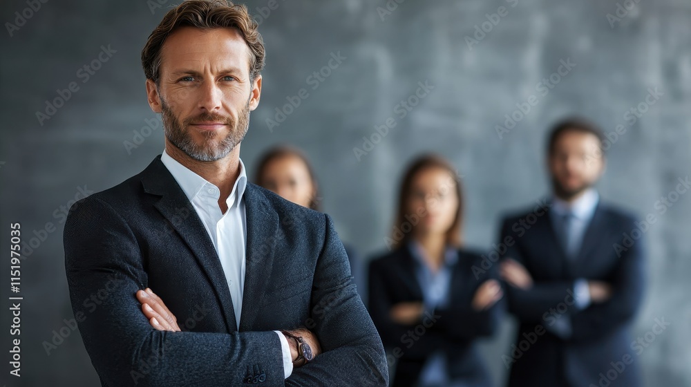 Confident Businessman with Team in Background at Modern Office Space Confident Businessman with Team in Background at Modern Office Space