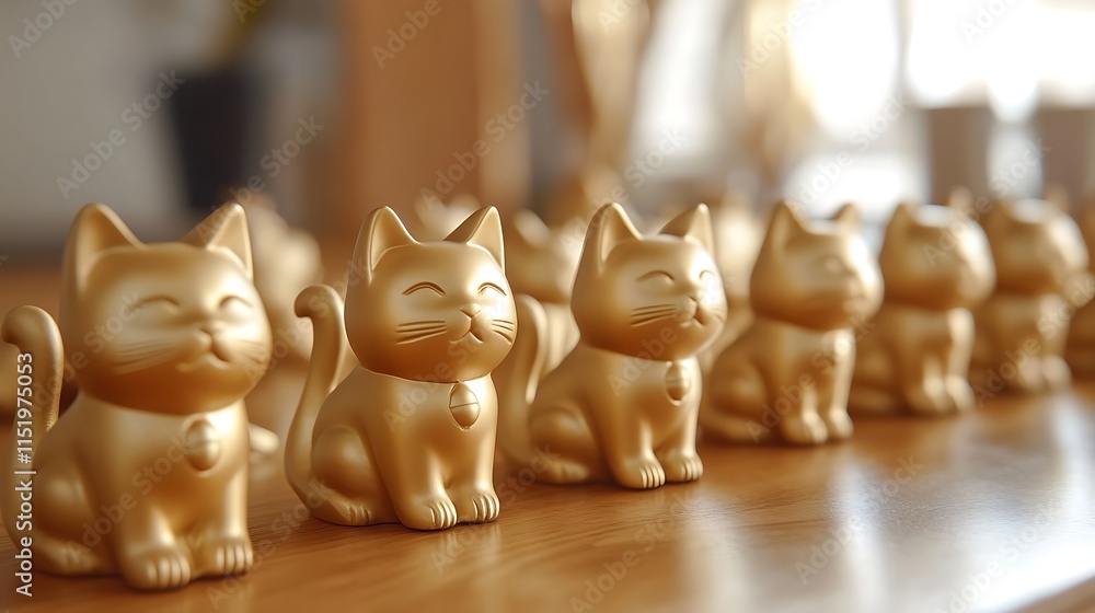 Obraz premium A line of golden cat figurines in various poses, placed on a sleek wooden table