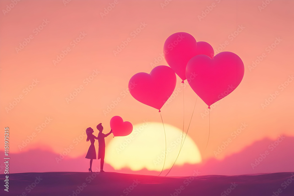 A couple holding heart-shaped balloons at sunset, symbolizing love and romance. A couple holding heart-shaped balloons at sunset, symbolizing love and romance.