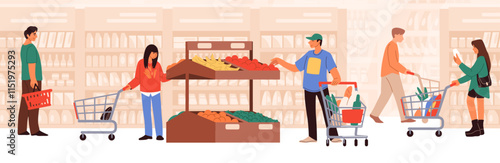 People in shop. Supermarket, grocery store man buy products in cart. Woman character with trolley. Customers buying food and drink. Family shopping. Vector cartoon flat isolated illustration