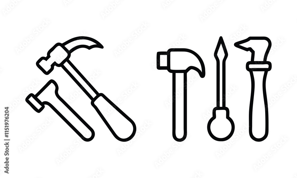 Outline Vector Icons of Tools, Black and white outline vector icons of tools, including hammers and screwdrivers, perfect for construction, repair, and DIY designs.
Outline Vector Icons of Tools, Black and white outline vector icons of tools, including hammers and screwdrivers, perfect for construction, repair, and DIY designs.
