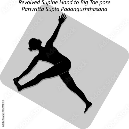 Silhouette of woman practicing Parivritta Supta Padangushthasana yoga pose.Revolved Supine Hand to Big Toe pose. Isolated vector illustration