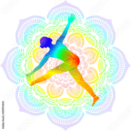 Colorful silhouette of woman practicing Parivritta Supta Padangushthasana yoga pose.Revolved Supine Hand to Big Toe pose. Isolated vector illustration