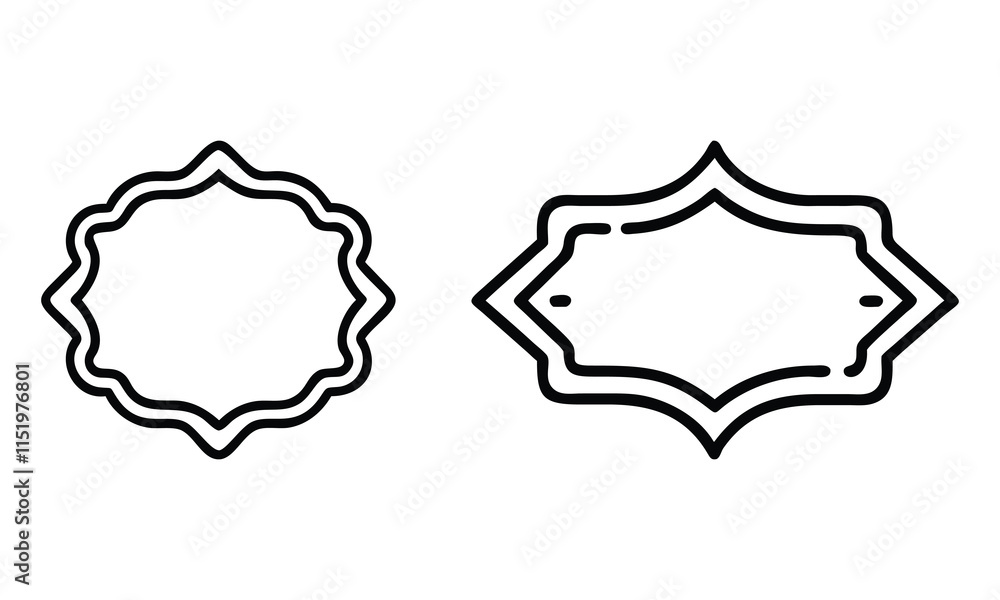Set of two black and white outline vector label frame icons with decorative edges, perfect for branding, design, or packaging projects.
Set of two black and white outline vector label frame icons with decorative edges, perfect for branding, design, or packaging projects.