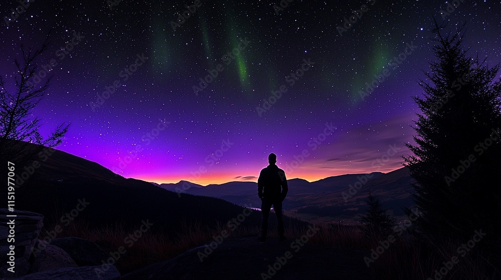 Fototapeta premium Silhouetted man gazing at vibrant aurora borealis over mountains at night.