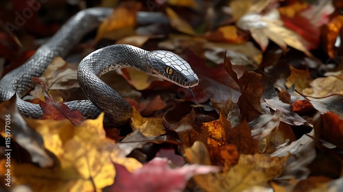 23. Silver snake emerging from a bed of fallen autumn leaves with its scales catching the light photo