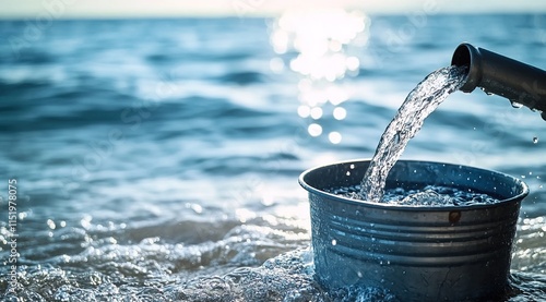 Water being poured into an empty bucket by the sea photo