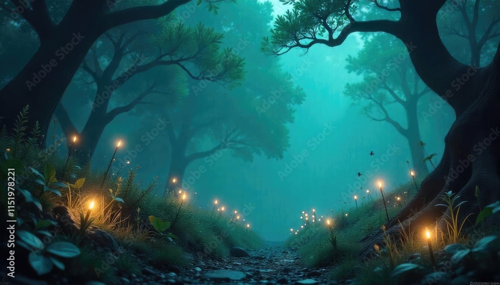 Fototapeta premium A magical forest trail lit by glowing fireflies with soft blue and green tones creates an enchanting ambiance.