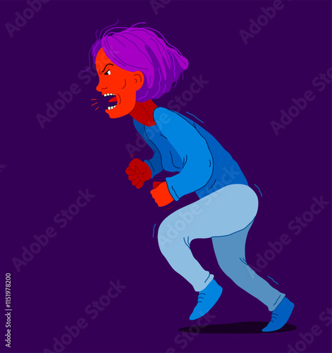 Aggressive woman psychological abuser vector illustration, scream and shout quarrel with violent clenched fists, domestic violence and abuse, alcoholism bad behavior, psychopath manipulator.