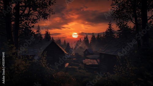 Church in the woods at sunset with a panoramic view of the mountains and desert photo