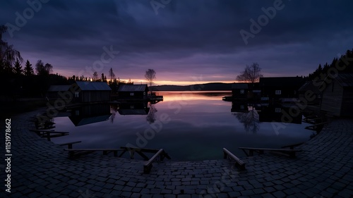 Sunset over the city and river with reflections and city lights photo