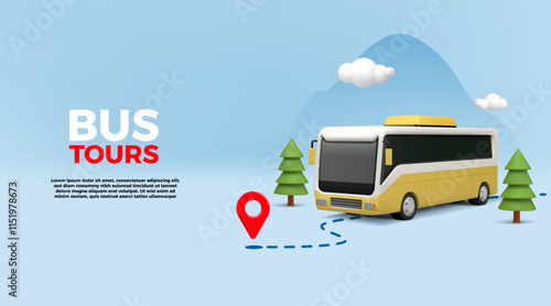 Shuttle bus tour. 3D public transport. Commercial road trip. Future city tourism and auto traffic. Passengers transportation. Nature trees and mountains. Car journey. Vector vocation banner