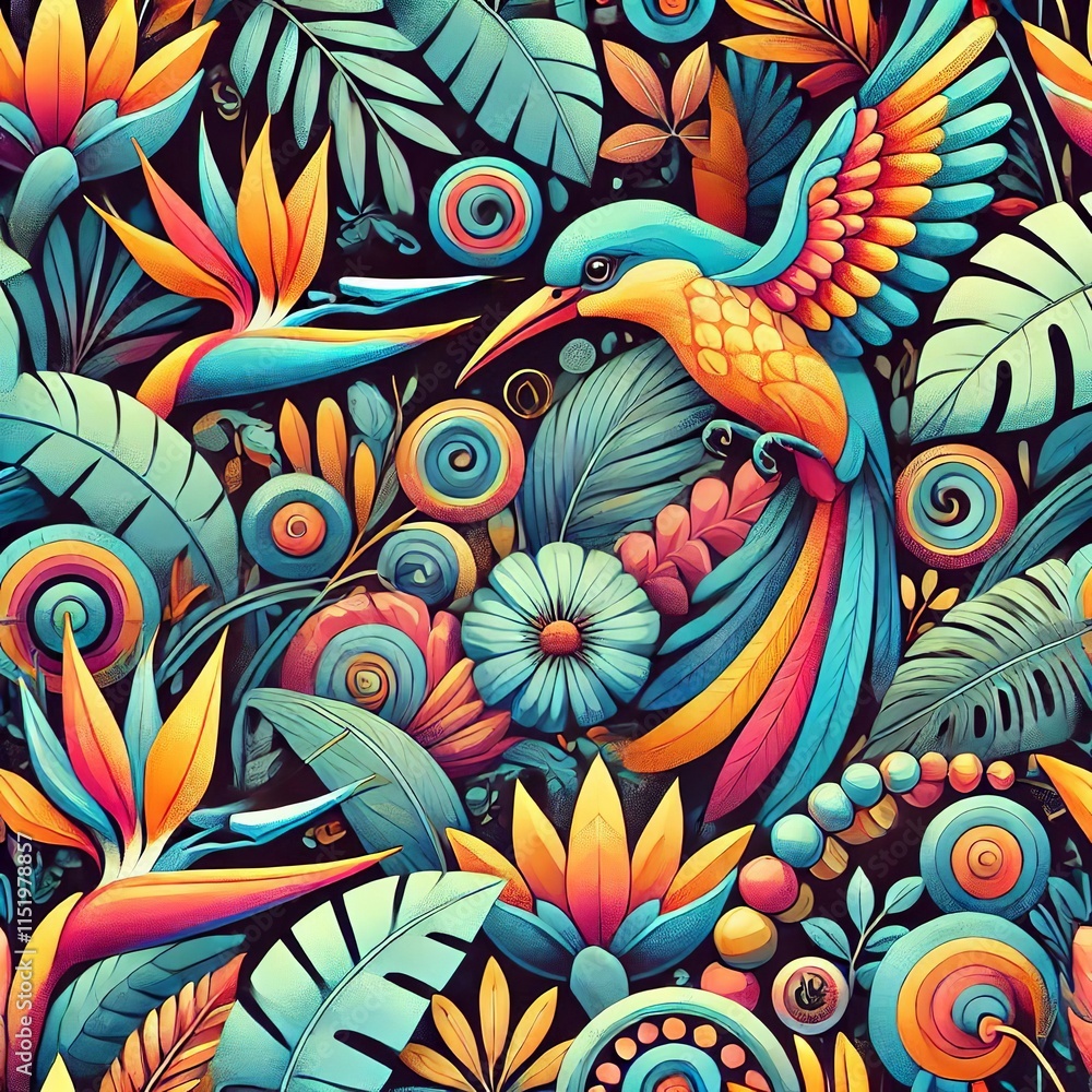 Obraz premium Tropical rainforest-inspired seamless pattern with vibrant colors, featuring birds and flowers. Created with Generative AI Technology