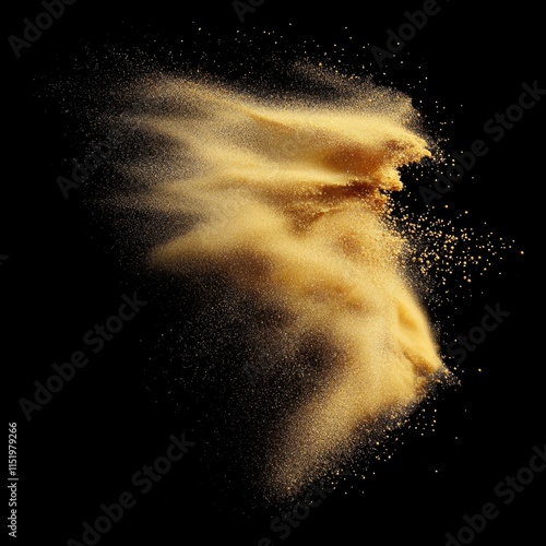 An abstract explosion of golden sand creating a cloud-like wave, with yellow-colored sand flying through the air. photo