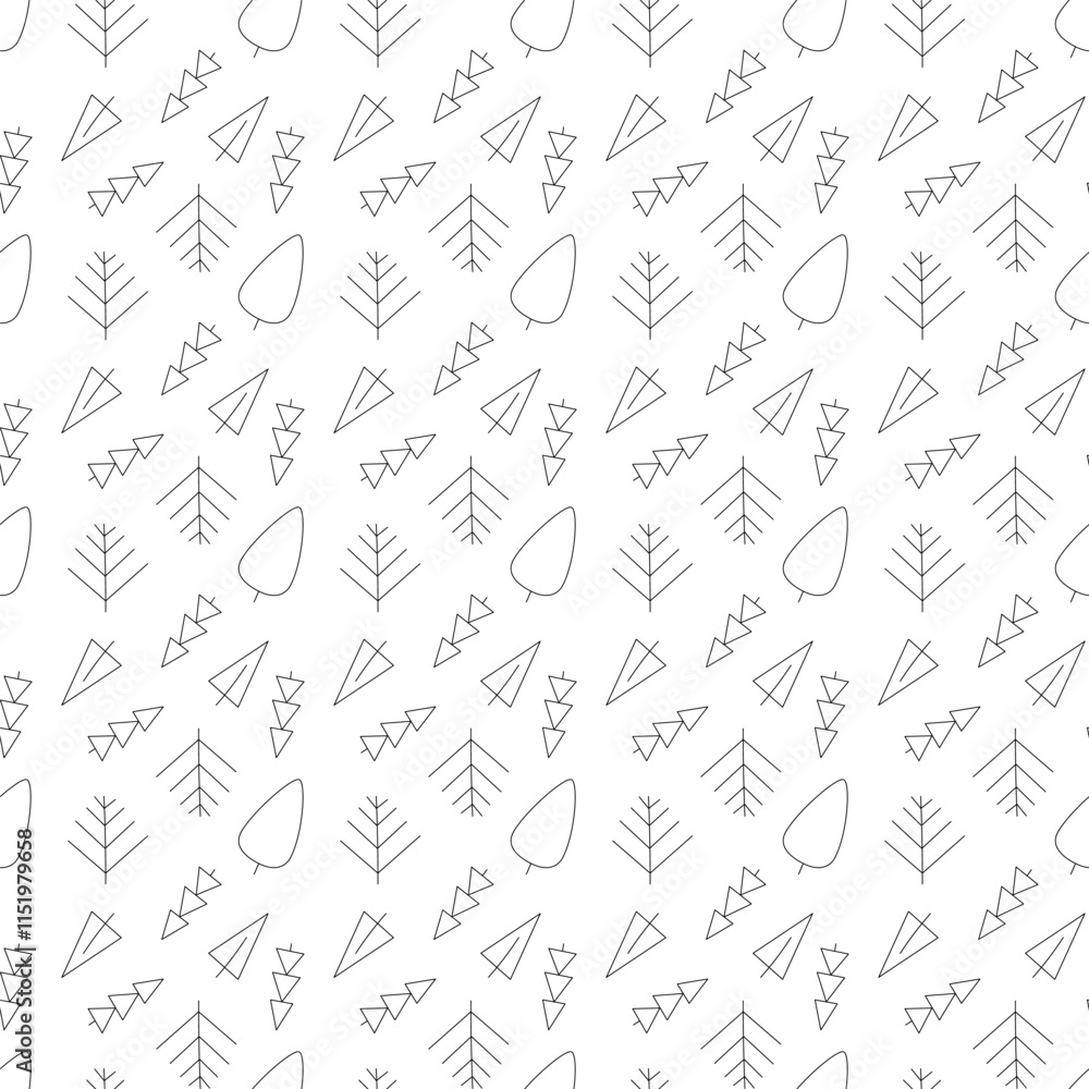 Seamless pattern with contour spruces. Doodle black outline illustration. Seamless pattern with contour spruces. Doodle black outline illustration.