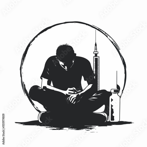 Black and white illustration of a person abusing drugs.