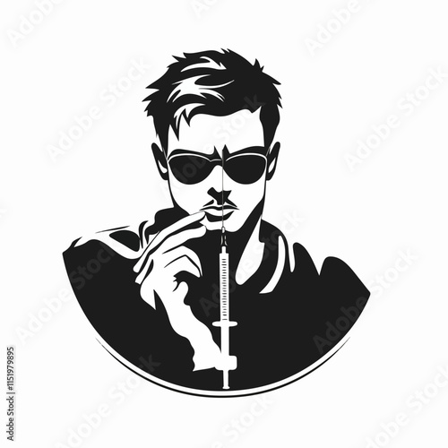 Black and white illustration of a person abusing drugs.