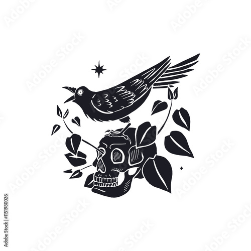 Hand drawn monochrome inky sketch style raven or crow sitting on human skull silhouette isolated on white background. Mystic black bird and head bone surrounded by nettle leaves Halloween design