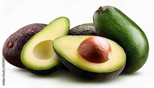 sliced avocado with various cuts and whole avocados isolated on background