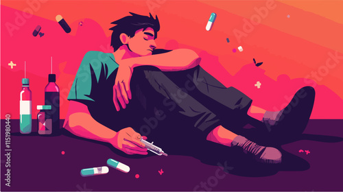 Drug addict. Illustration of a person abusing drugs.