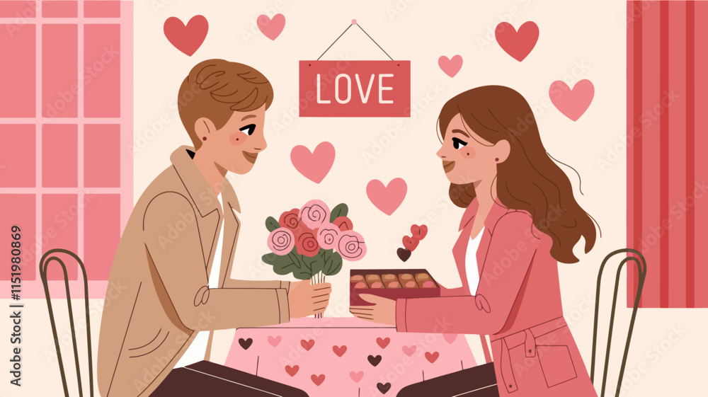 Two people exchanging flowers and chocolates at a small café table Two people exchanging flowers and chocolates at a small café table