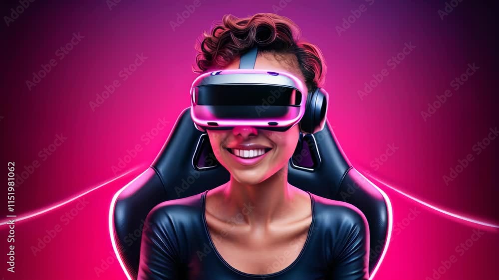 Woman wearing virtual reality headset in futuristic neon environment. Technology and entertainment concept. Woman wearing virtual reality headset in futuristic neon environment. Technology and entertainment concept.