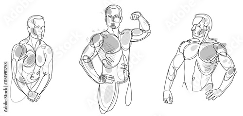 Athletic man torso vector linear illustrations set, male beauty with perfect muscular fit body posing, artistic drawings of fitness model.